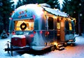 Christmas Lights On A Vintage Airstream, In A Snowy Camping Site. Generative AI