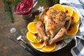 Concept of Christmas or New Year dinner roasted turkey stuffed with rice. Royalty Free Stock Photo