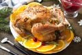 Concept of Christmas or New Year dinner roasted turkey stuffed with rice. Royalty Free Stock Photo