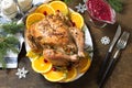 Concept of Christmas or New Year dinner roasted turkey stuffed with rice. Royalty Free Stock Photo