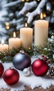 Christmas Ornaments And Candles On A Table With A Snowy Backdro. Generative AI Royalty Free Stock Photo