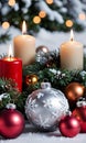 Christmas Ornaments And Candles On A Table With A Snowy Backdro. Generative AI Royalty Free Stock Photo