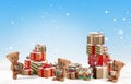 Concept of christmas presents with cute teddy bears and pile of Christmas gifts 3d-illustration Royalty Free Stock Photo