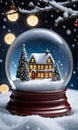 A Christmas Snow Globe, The Scene Inside Illuminated By Moonlight. Generative AI