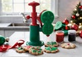 A Christmas-Themed Cookie Press Set, On A Kitchen Counter. Generative AI