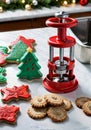 A Christmas-Themed Cookie Press Set, On A Kitchen Counter. Generative AI