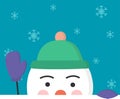 Concept christmas and winter. Half head of snowman welcomes with a hand in a mitten. Snowflakes fly on the blue