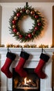 A Christmas Wreath With Stockings Hanging On The Mantle. Generative AI