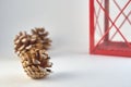 Concept for Christmass and New year of cones and part of red lantern on a blurred background.