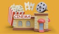 Concept of cinema visit. Realistic model of cinema building with film reel on roof