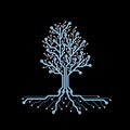 Concept circuit board tree. Futuristic background with tech tree. PCB. Future technology, blue cyber natural resources.