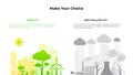 Concept of clean green and dirty polluted city. Ecology infographic