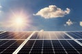 concept clean power energy. solar panel and sunlight with blue s Royalty Free Stock Photo