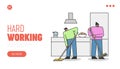 Concept Of Cleaning Service. Website Landing Page. Man And Women Sweeping The Floor On The Kitchen Royalty Free Stock Photo