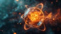 Concept of a close-up image of an atom model for nuclear energy. Sci-fi color background. Generative AI Royalty Free Stock Photo