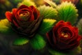 A Close Up Of Two Red Flowers With Green Leaves. Generative AI Royalty Free Stock Photo