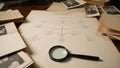 Closeup image of a genealogists workspace showcasing family trees and documents Royalty Free Stock Photo