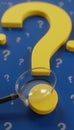 Closeup view of multiple question marks with a highlighted yellow one on a blue backdrop