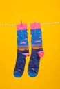 Concept of clothes for legs - socks, socks hanging on rope