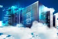 Concept of cloud computing. Cluster of supercomputers in the clouds on the background of a modern metropolis Royalty Free Stock Photo
