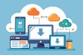 Concept of cloud computing illustrated with a computer monitor, laptop, phone, and cloud icons representing data transfer and Royalty Free Stock Photo