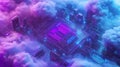 The concept of cloud data storage is represented by digital clouds on a circuit board with a vibrant purple background Royalty Free Stock Photo