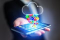 Concept of cloud storage icon flying out a smartphone - technology concept