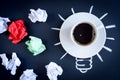 Concept coffee awakens brain on dark background top view Royalty Free Stock Photo