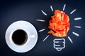 Concept coffee awakens brain on dark background top view Royalty Free Stock Photo
