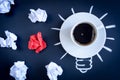 Concept coffee awakens brain on dark background top view Royalty Free Stock Photo