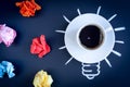 Concept coffee awakens brain on dark background top view Royalty Free Stock Photo
