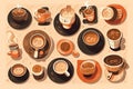 Coffee set, illustrations of various coffees and coffee mugs, cardboard cups, coffee with cream, mugs and coffee jug. Generative A