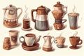Coffee set, illustrations of various coffees and coffee mugs, cardboard cups, coffee with cream, mugs and coffee jug. Generative A