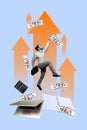 Concept collage of successful financial manager man jumping up to increase profit more income every year isolated on