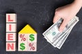 The concept of collateral for real estate. The word LIEN on toy cubes, a house made of wooden blocks and a woman`s hand with Royalty Free Stock Photo