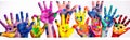 artist fun hand smile finger colorful paint concept child art. Generative AI. Royalty Free Stock Photo