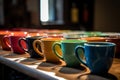 Colorful collection of coffee mugs lined up on a table. Generative AI Royalty Free Stock Photo