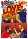 Concept comic book page depicting lgbtq love. Gay couple spending free time at home.