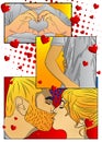 Concept comic book page depicting love. Kissing young couple.