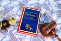 Concept of commencement of bankruptcy law, showing by placing bankruptcy law book on banknotes with judge gavel and balance scale Royalty Free Stock Photo