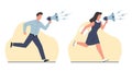 Concept of commercial, guy and girl running and talking into megaphone. Male and female characters hold loudspeaker