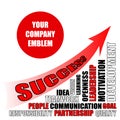 Concept of company success designed as a cloud of tags and an arrow that goes up.