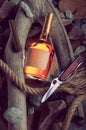 Concept composition with cognac and cigar. Brandy and knife Royalty Free Stock Photo
