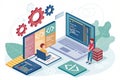 Concept of computer programming or developing software or game. illustration with coding symbols and programming windows - Royalty Free Stock Photo