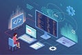 Concept of computer programming or developing software or game. illustration with coding symbols and programming windows - Royalty Free Stock Photo