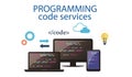 Concept of computer programming or developing software or game. Vector illustration with coding symbols and programming windows. Royalty Free Stock Photo