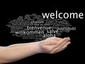 Abstract welcome or greeting international word cloud in hand, different languages or multilingual 