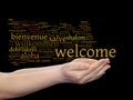 Welcome or greeting international word cloud in hand, different languages or multilingual Royalty Free Stock Photo