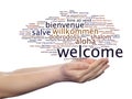 Abstract welcome or greeting international word cloud in hand, different languages or multilingual isolated