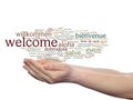 Abstract welcome or greeting international word cloud in hand, different languages or multilingual isolated